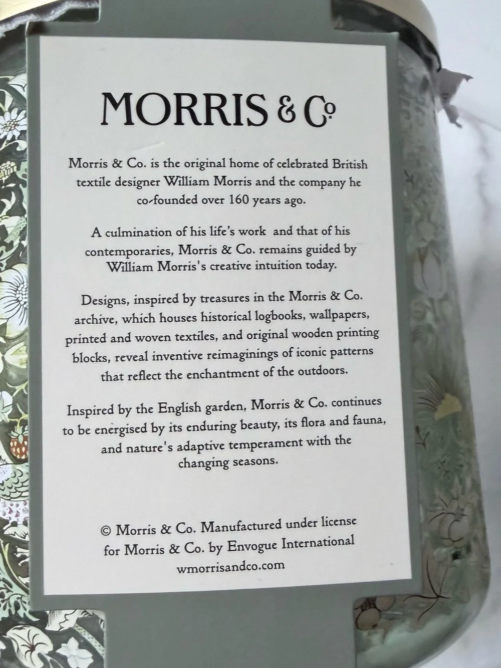 Morris & Co. Decorative canister- Sage Green & Gold strawberry thief’s pattern